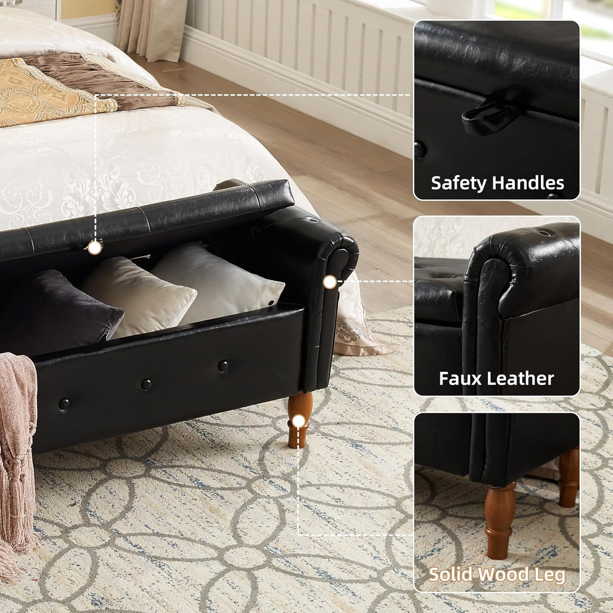 Storage Ottoman Bench, 50" Modern Upholstered End of Bed Bench, Faux Leather Rolled Armed Button-Tufted Ottoman with Storage for Living Room, Entryway, Window, Black