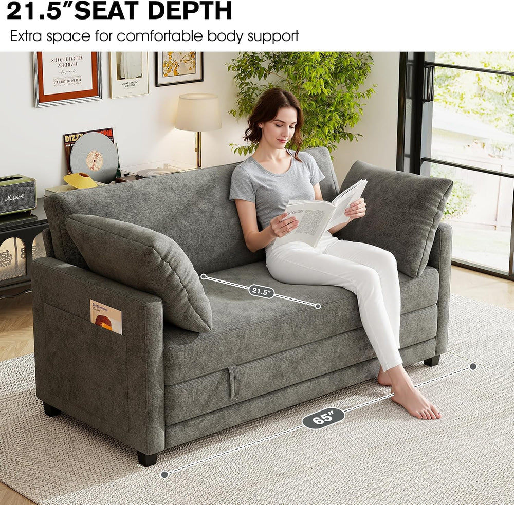 65" Loveseat Sleeper Sofa Bed, Chenille Convertible Floor Sofa Bed for S...