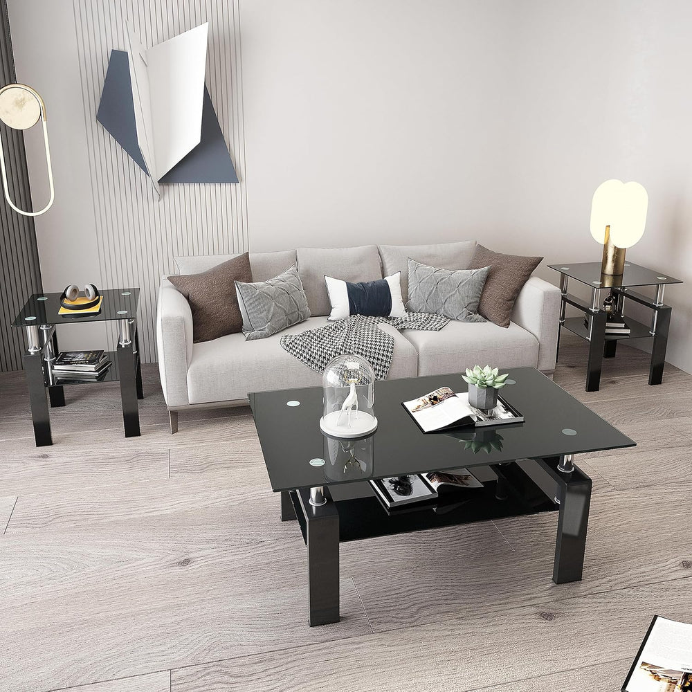 Living Room Tables Set,3 Piece Glass Coffee Table and End Tables Set with Tem...