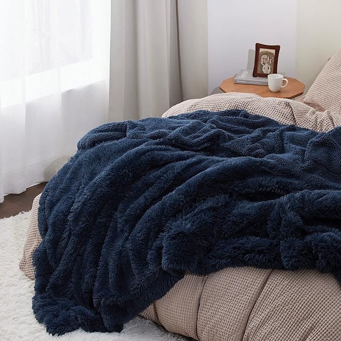 Bedsure GentleSoft Fluffy Navy Blue Blankets Queen Size - Image 4