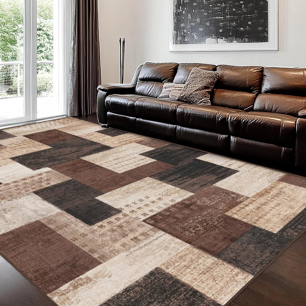 Modern Geometric Patchwork Indoor Area Rug for Living Room, Chocolate 8'x...