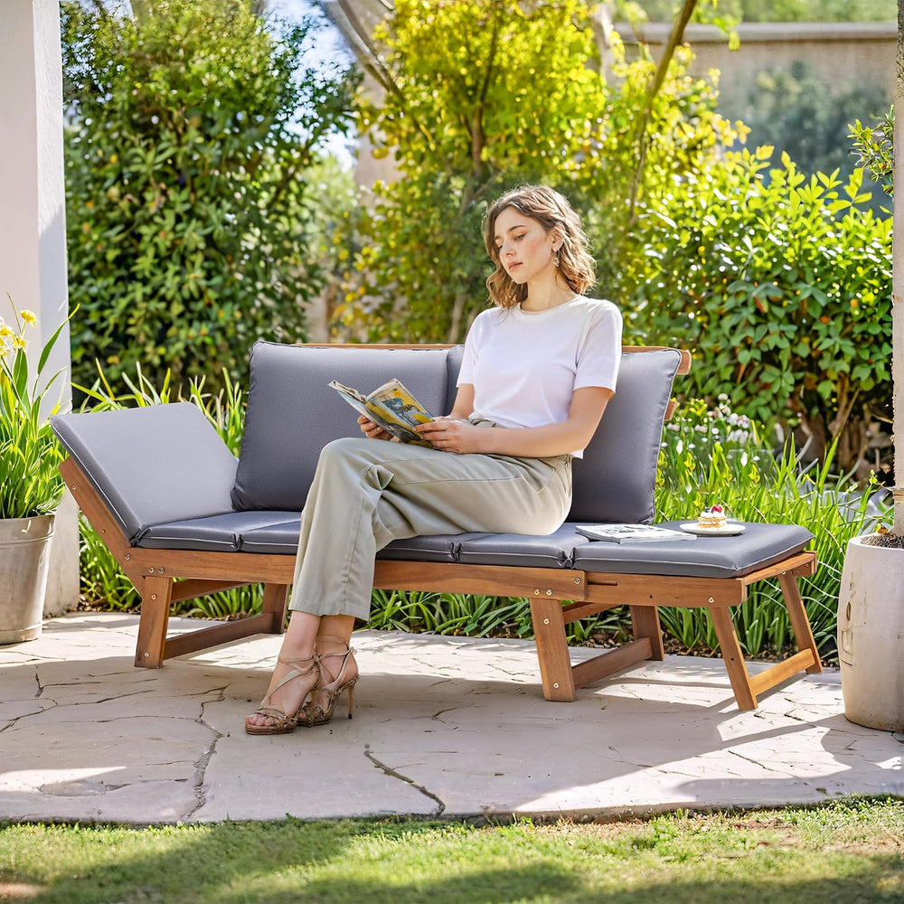 Greesum Patio Convertible Couch Sofa Bed with Adjustable Armrest, Acacia Wood...