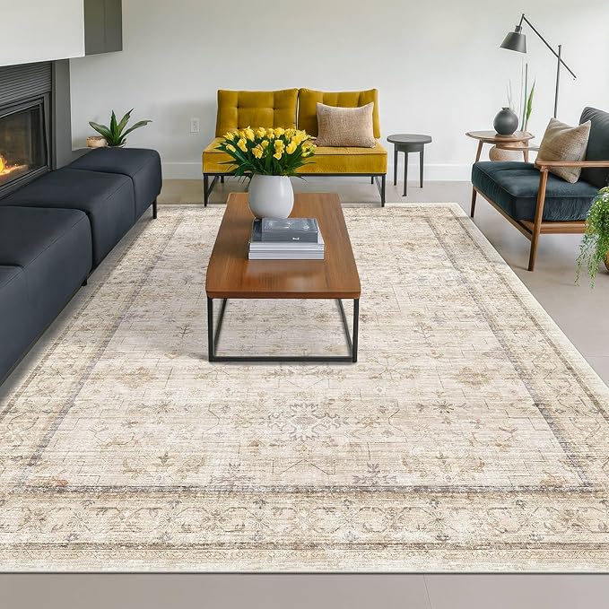 Washable Ivory 6x9 Living Room Rug, Non Slip Dinning Rugs by HazoHaus