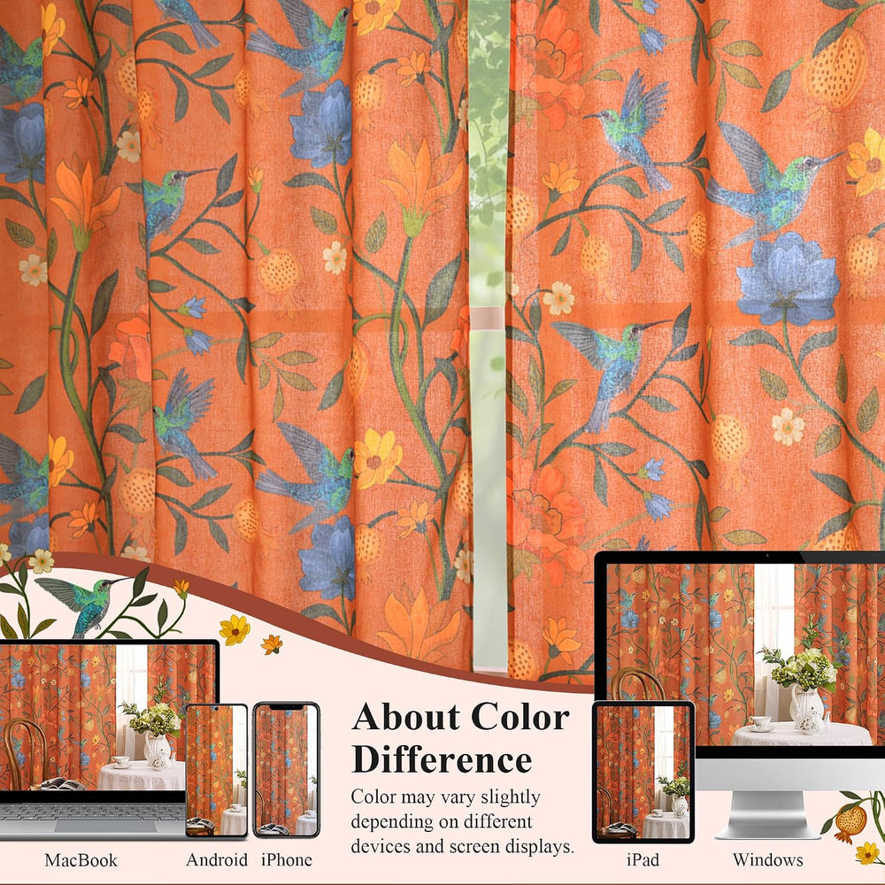 Terracotta Floral Linen Curtains, Boho Whimsical Bird Print Curtains for Bedr...