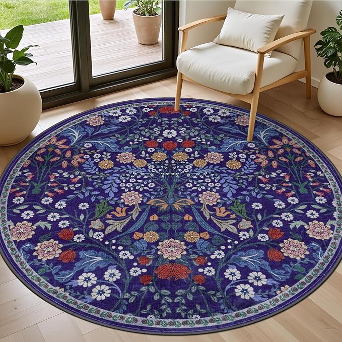 Round Area Rug for Living Room: 4 ft Floral Washable Circle Rug Soft Boho by PLHXFRSoftAreaRugs