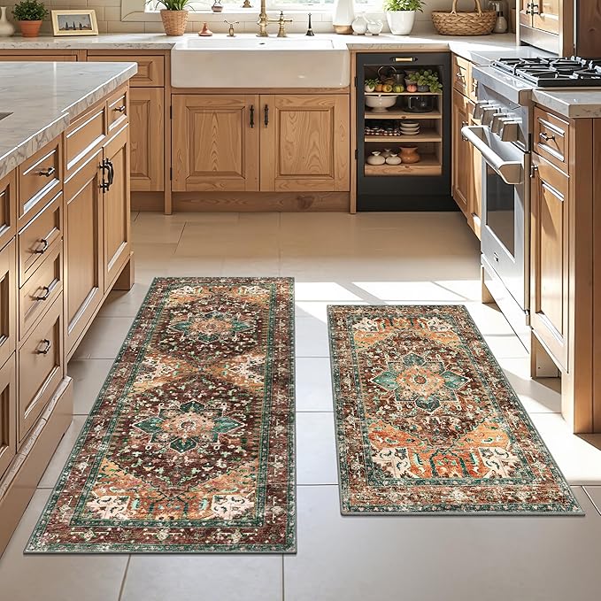 Yamaziot Washable Kitchen Runner Rug Set of 2, Non-Slip Boho Vintage Hallway by Yamaziot