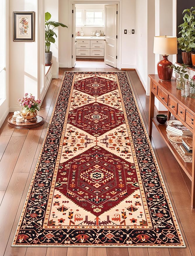 SERISSA Runner Rug for Hallways, Long Boho Rug Vintage Red Black Hallway Stair by SERISSAHomeDecorCollection