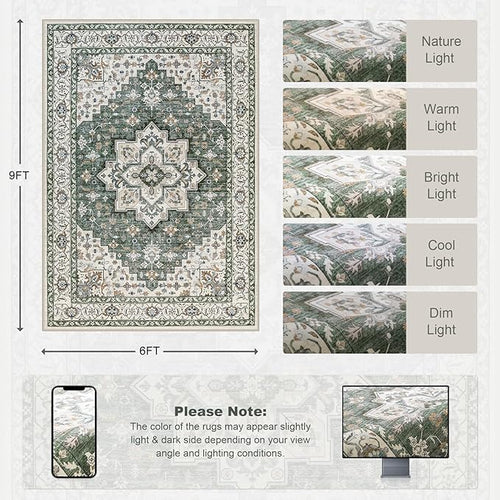 6x9 Area Rugs Living Room Rug: Washable Vintage Boho Medallion Rug No Slip - Image 2