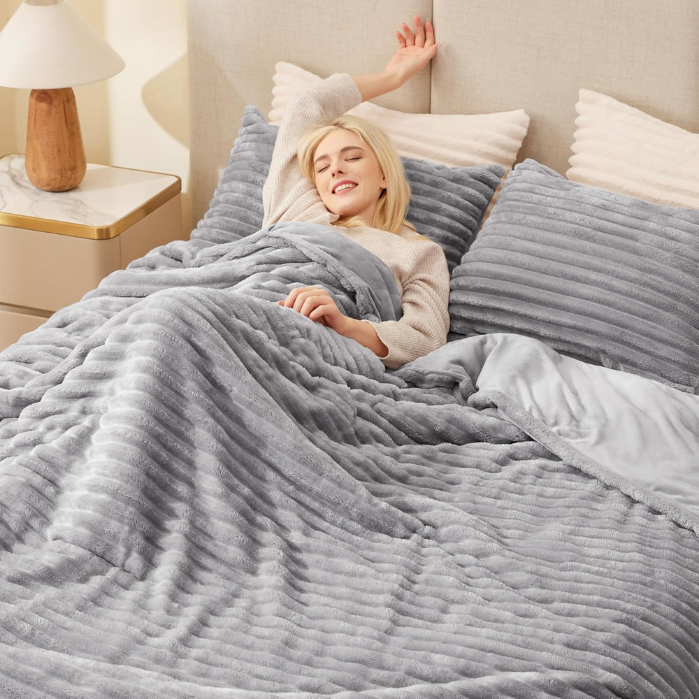 EXQ Home Fluffy Comforter Set Queen Size,3 Pieces Bed Set,Light Gray