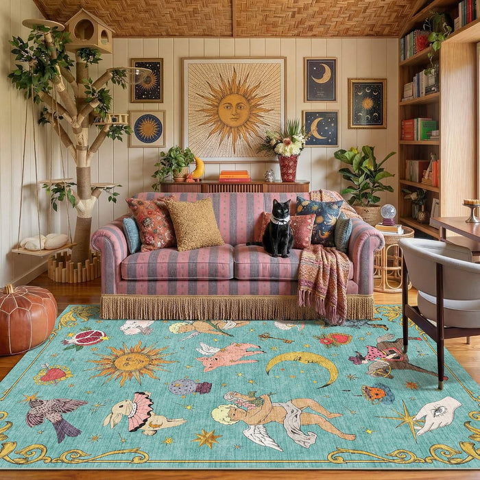 Kokia 4x6 Celestial Sun Moon Unique Fresh Turquoise Soft Washable Area Rug