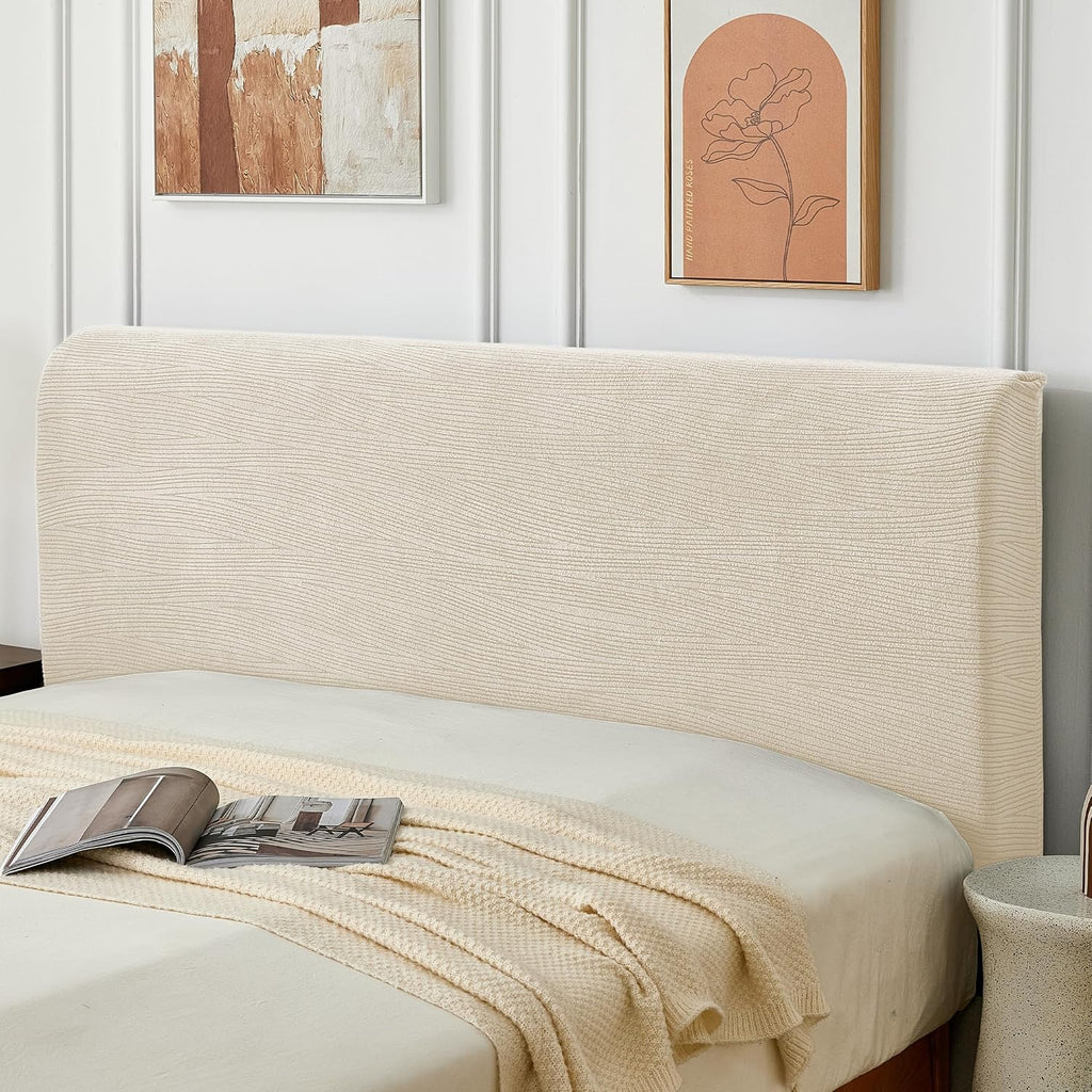 Bed Headboard Cover Queen, Stretch Head Board Slipcover Washable | Jacquard Protector Slip Cover for Upholstered Headboard for Bedroom Decor, Slanted Rib White, Queen (Length 59"-67")