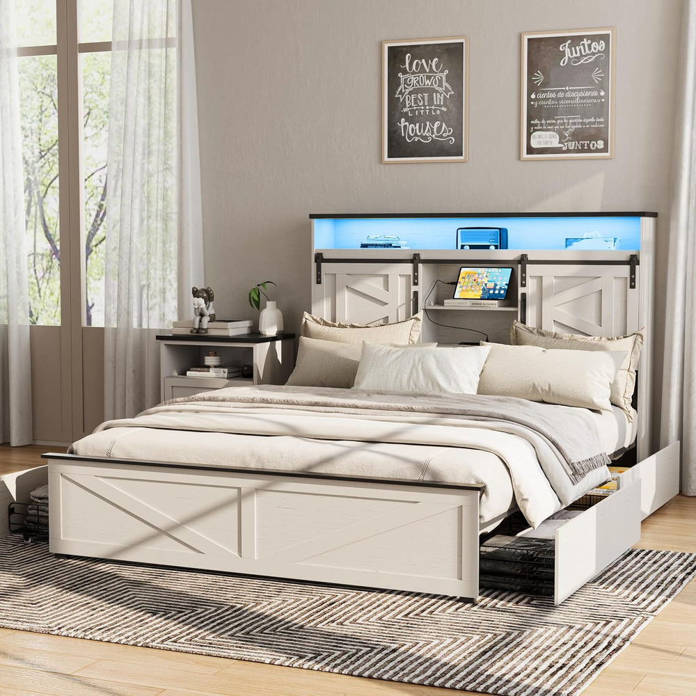Fameill Farmhouse Full Size Bed Frame with 4 Drawers and Bookcase Headboard, ...