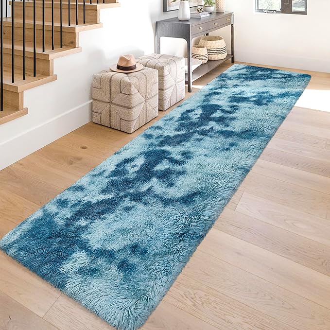 Super Soft Fluffy Living Room Area Rug 2x10 ft Tie-Dyed Light Blue Shaggy Furry - Image 3