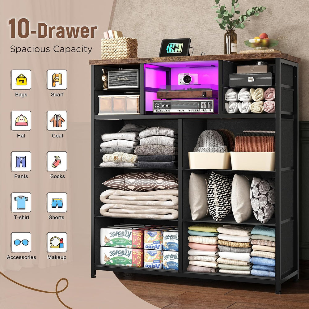10-Drawer Tall Dresser for Bedroom, LED & Charging Station, Brown