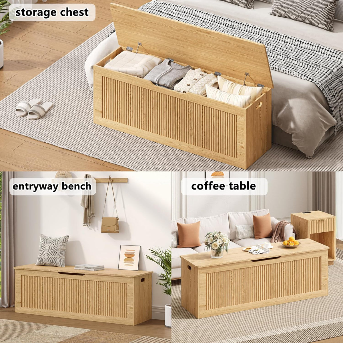 Akxomel 51.2" Fluted Storage Chest Wooden Storage Trunk 2 Safety Hinges Oak | Large Storage Chest with 2 Safety Hinges & Lift Top, Wooden Box Bench, for Living Room, Entryway, Bedroom