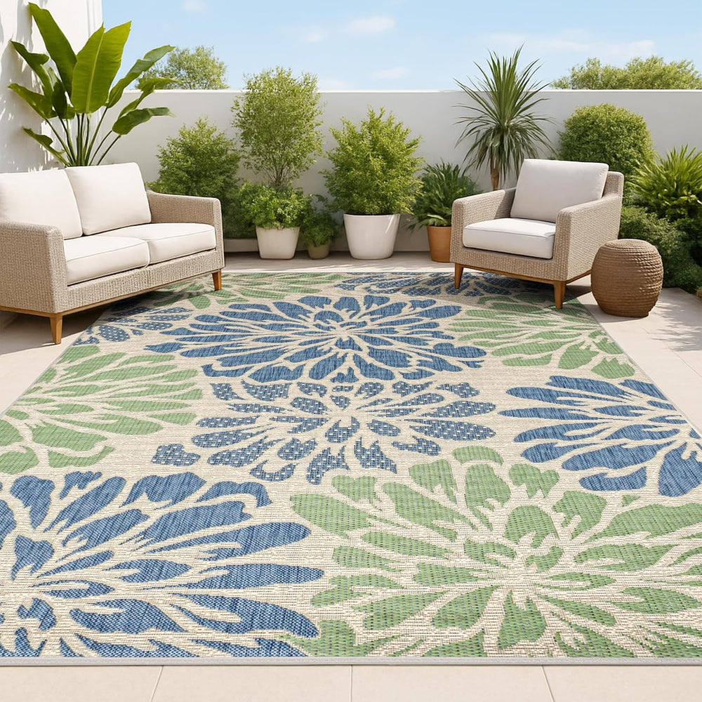 JONATHAN Y Floral Textured Weave Indoor Outdoor Area Rug 8X10 Navy/Green, Zin...