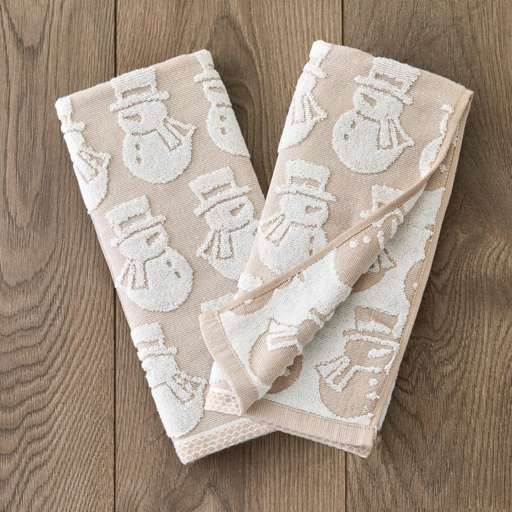SKL Home Christmas/Winter Snowman Hand Towel Set-2pc, Jacquard, Tan | 100% Cotton. Soft, absorbent & reversible. Great for use in the bathroom, kitchen, or bar & gifting.