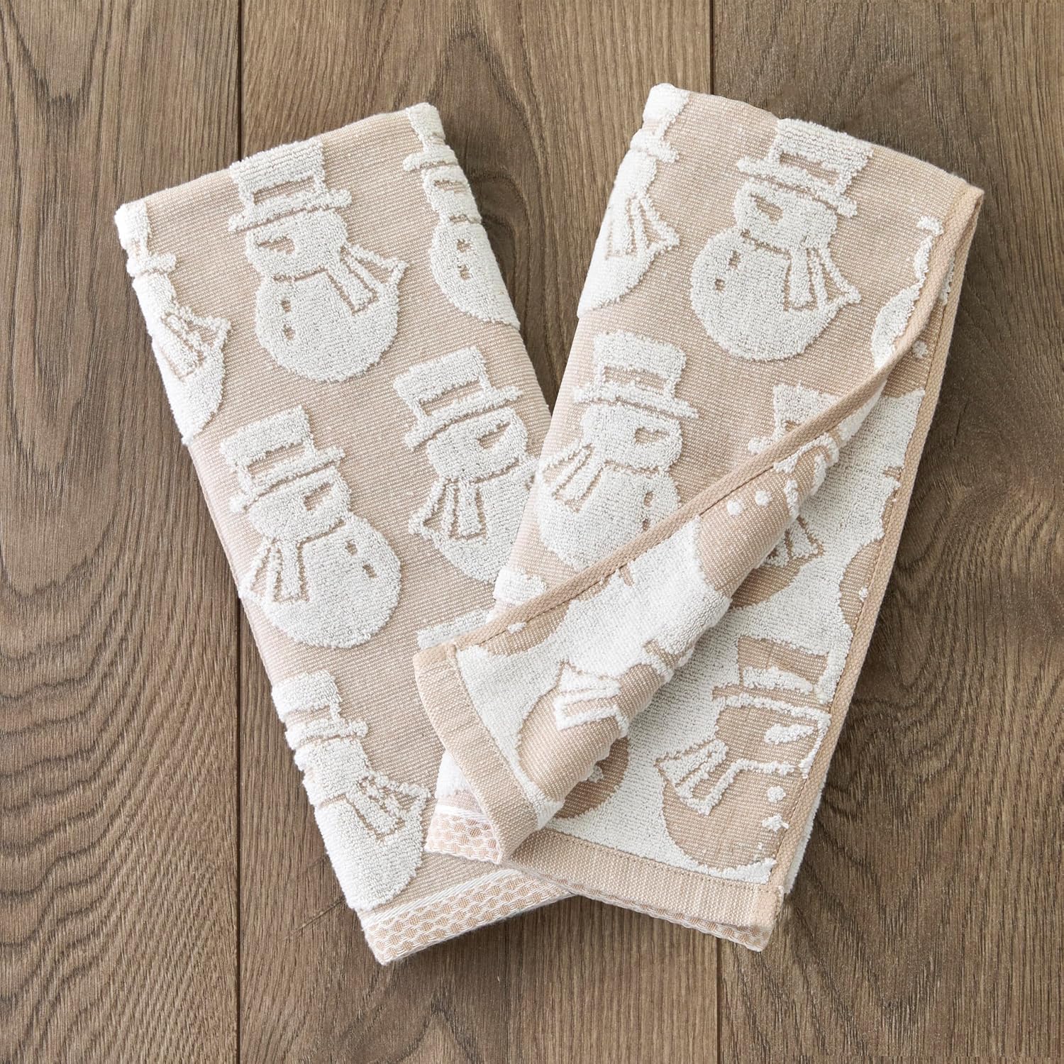 SKL Home Christmas/Winter Snowman Hand Towel Set-2pc, Jacquard, Tan | 100% Cotton. Soft, absorbent & reversible. Great for use in the bathroom, kitchen, or bar & gifting.