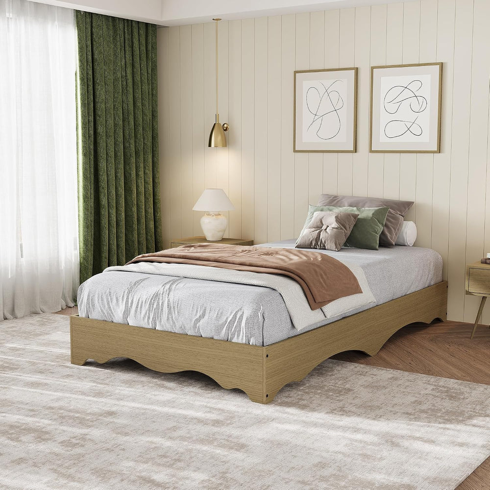 IDEALHOUSE Twin Size Wood Platform Bed Frame, Low Profile Bed with Wavy Wood ...
