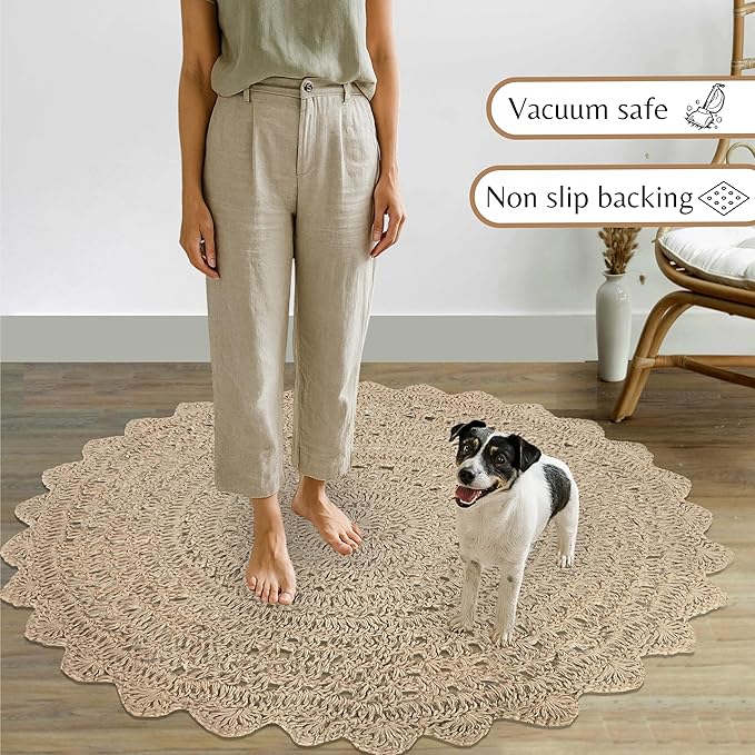 Hausattire Hand Woven Jute Crochet Rug, 3’ Round – Natural, Anti-Slip Accent - Image 4