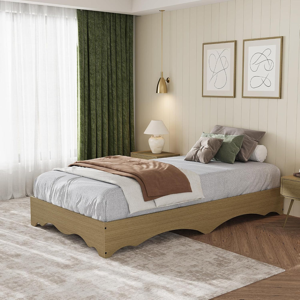IDEALHOUSE Twin Size Wood Platform Bed Frame, Low Profile Bed with Wavy Wood ...