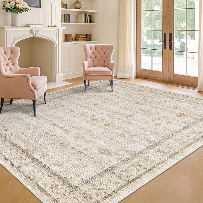 Washable Cream Rug 4x6 for Office, Non Slip Rugs for Kitchen, Low Pile Neutral by HazoHaus