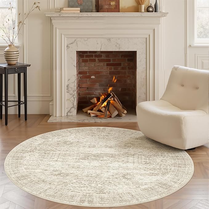 5x5 Beige Round Rug 5ft Living Room Circle Rug Vintage Round Area Rug Non Slip by Soalmost