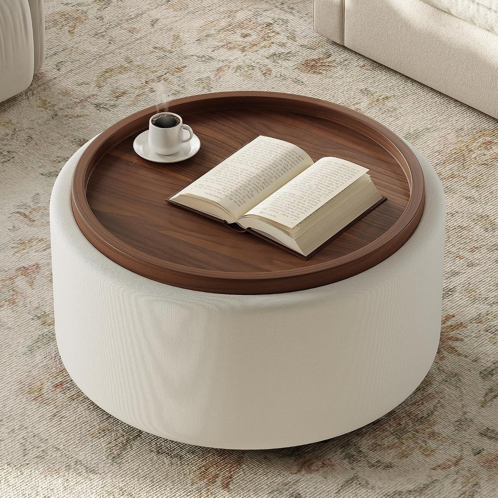 Round Storage Ottoman Coffee Table with Walnut Tray, 30'' Round Ottom...