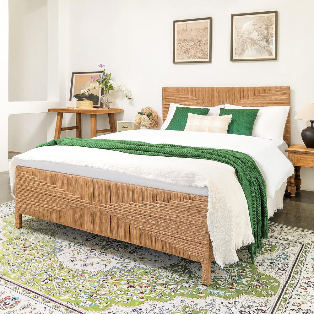 Queen Rattan Style Boho Bed Frame with Headboard and Footboard, Mid Century M...