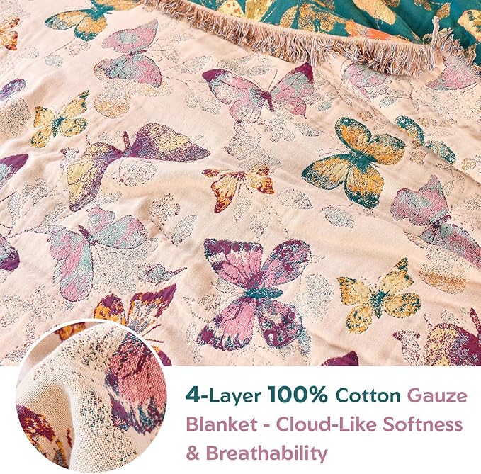 MSGKV Boho Throw Blanket for Bed Cotton Butterfly Twin Size Couch Blanket - Image 4