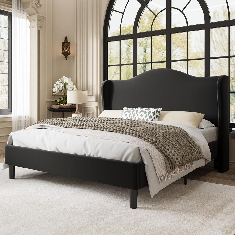 Allewie Full Size Bed Frame, Plush Velvet Wingback, Modern Style, Black