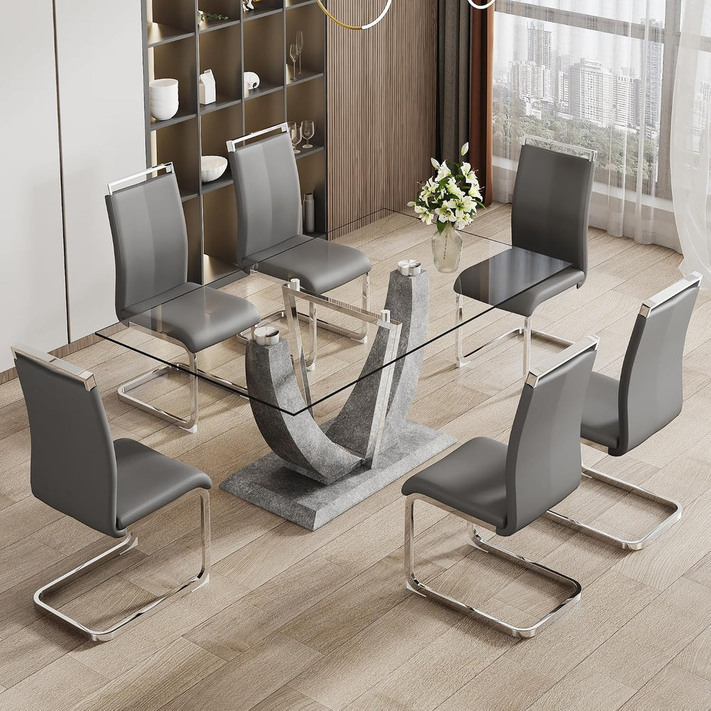 71" Glass Dining Table Set for 6, Modern Dining Room Table Set, Tempered...