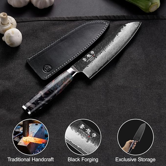 Japanese Santoku Knife 7 Inch, Hand Forged 67 Layers Damascus VG10 Steel Core