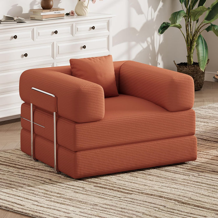 Single Couch Sofa for Small Spaces , 2-in-1 Single Boneless Sofa with Soft Corduroy Foldable Chair Lounger Sleeper Sofas for Small Apartment, Living Room, Home Office (Orange, 35.43" Single Sofa)