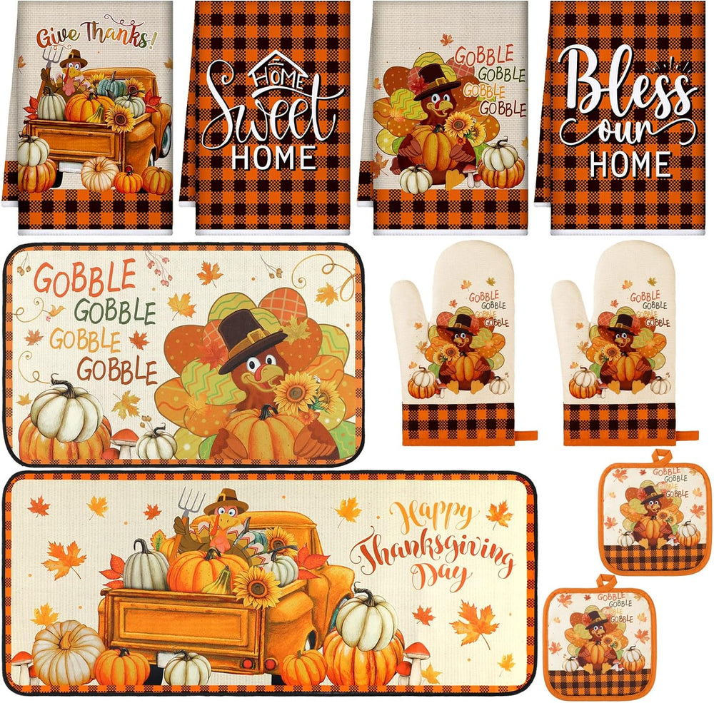 Fanfanwin 10 Pcs Fall Thanksgiving Turkey Kitchen Decor Set Kitchen Towels Pot