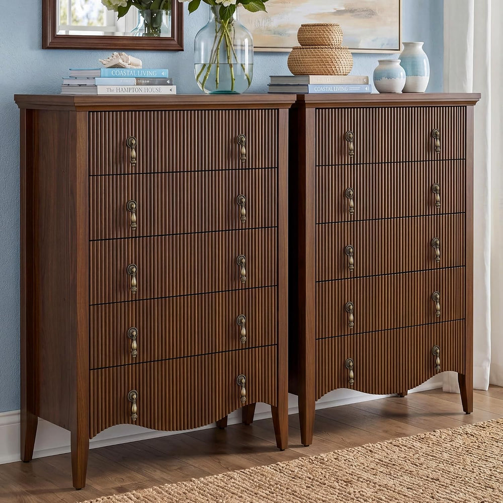 senlin 47‘’ 5 Drawer Fluted Dresser,Vintage Tall Chest of Drawers,Walnut