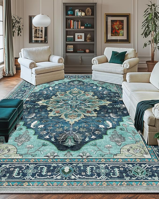 Area Rugs 9'x12' Washable Non-Slip, Floral Vintage Distress Print Pattern - Image 9