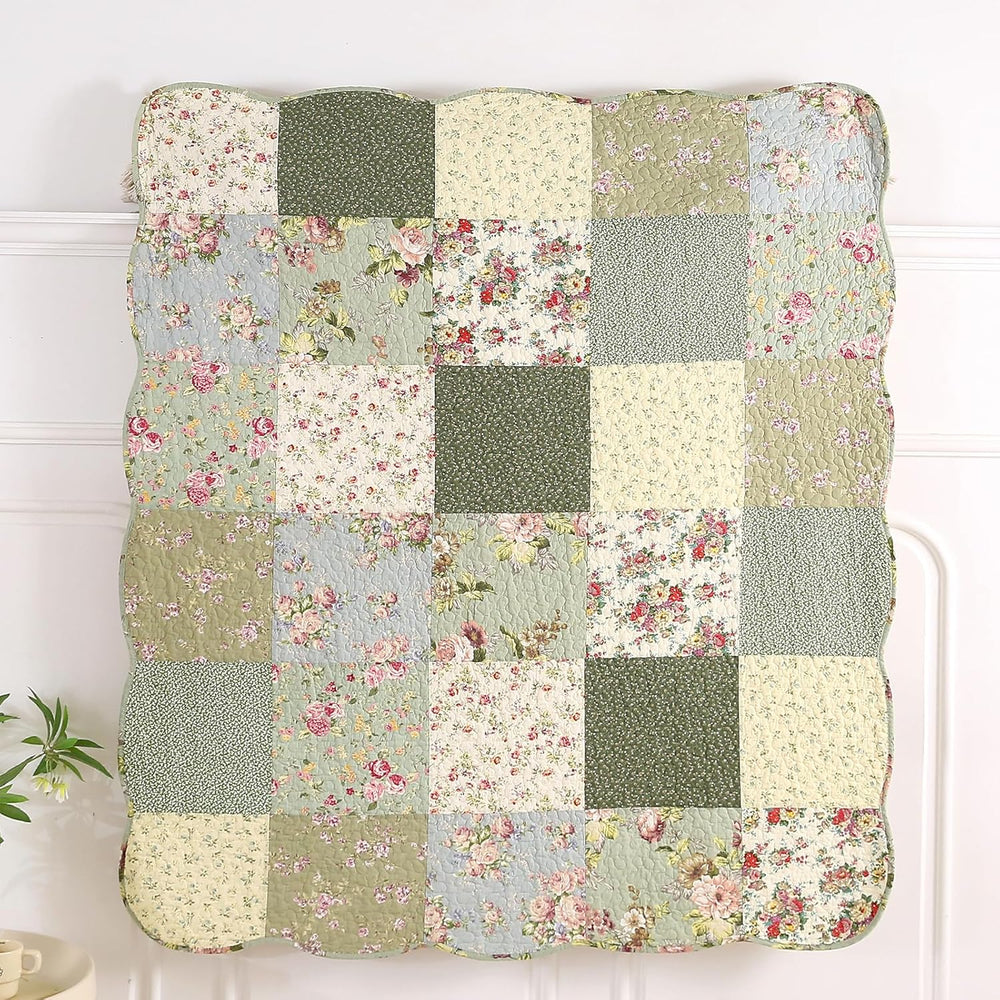 vctops 100% Cotton Quilted Throw Blanket 50x60 Inch Floral Patchwork Reversib...