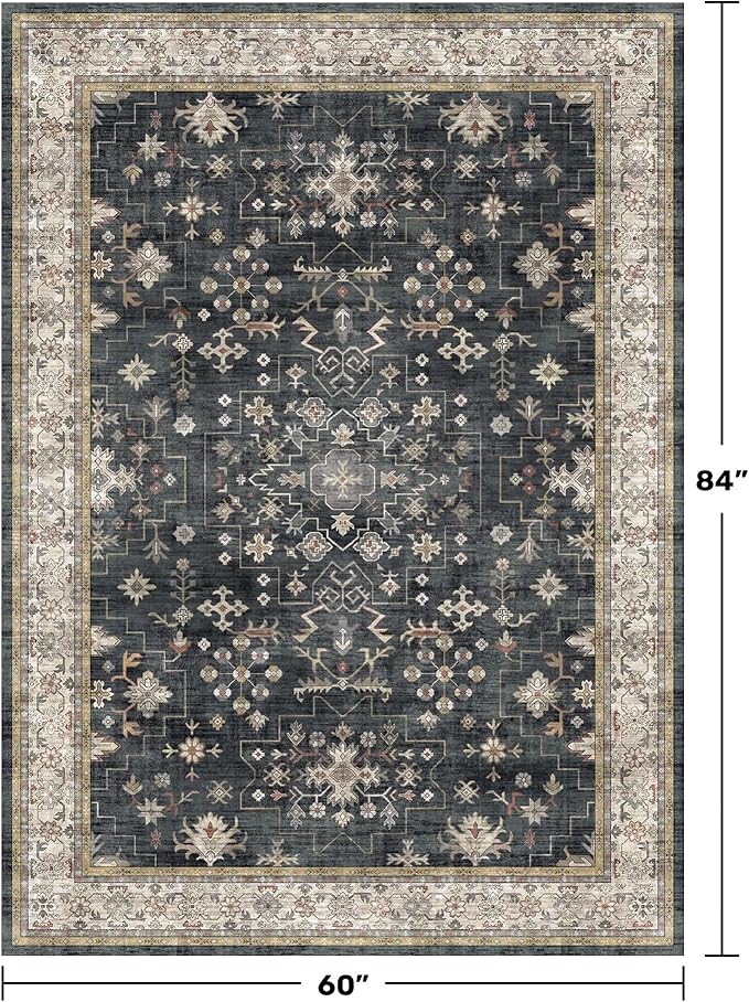 Black Boho Living Room Rug 5x7, Washable Dark Vintage Moody Low Pile Non Slip - Image 2
