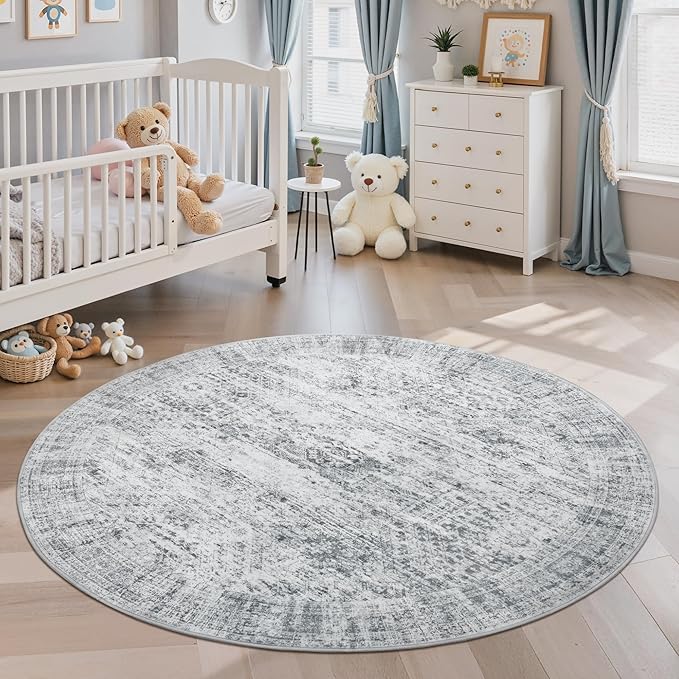 Soalmost 5x5 Grey Round Rug 5ft Living Room Circle Rug Vintage Gray Round Area - Image 2
