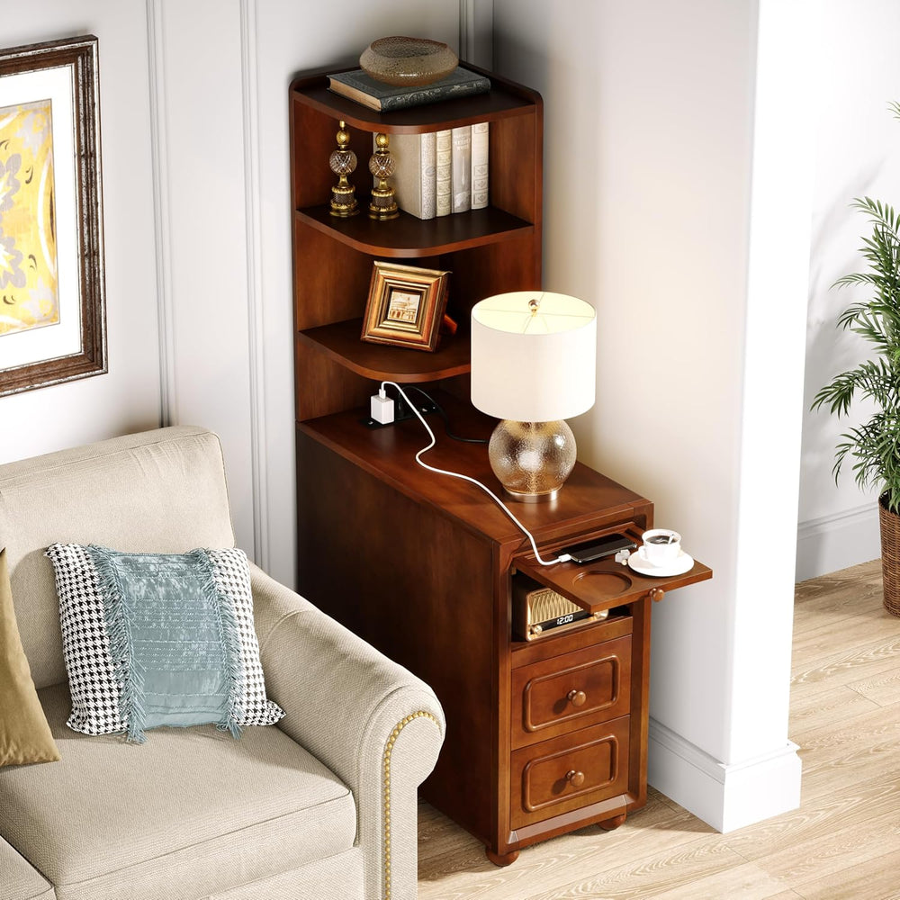 Solid Wood End Table with Charging Station and Reversible Corner Shelves, Tal...