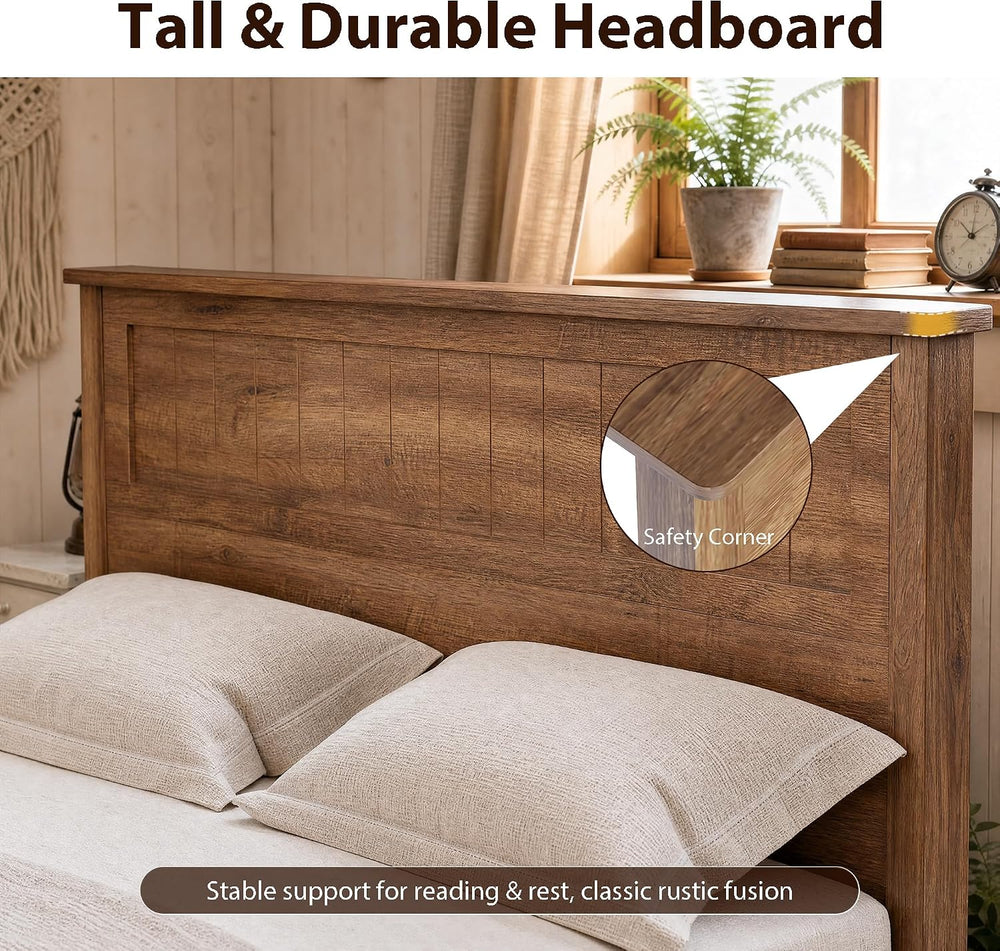 Farmhouse Queen Bed Frame with Headboard and Storage Bench (Rustic Brown)