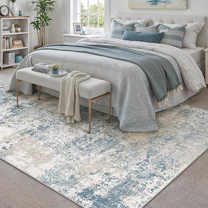 Blue 5x7 Area Rug Washable Modern Abstract Living Room Carpet Non Slip Neutral - Image 2