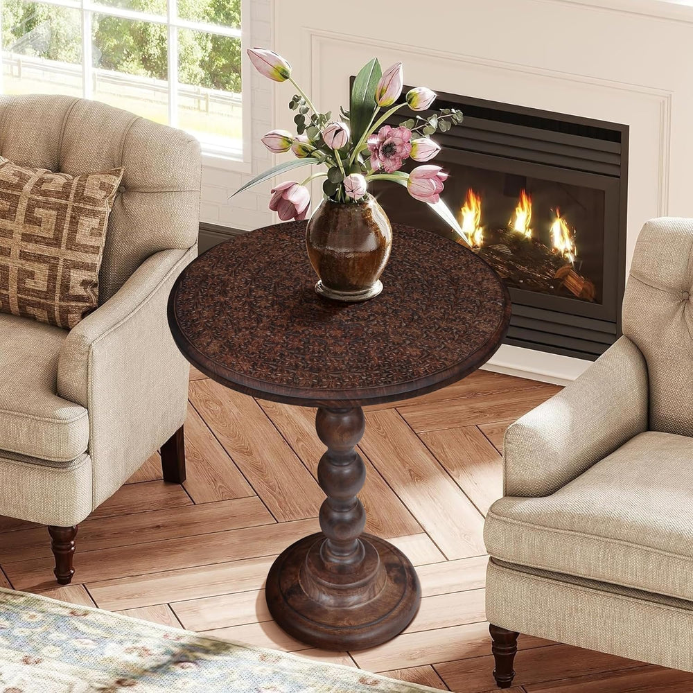 Round Side Table 18x22", Small Drink Table, Hand-Carved Solid Wood