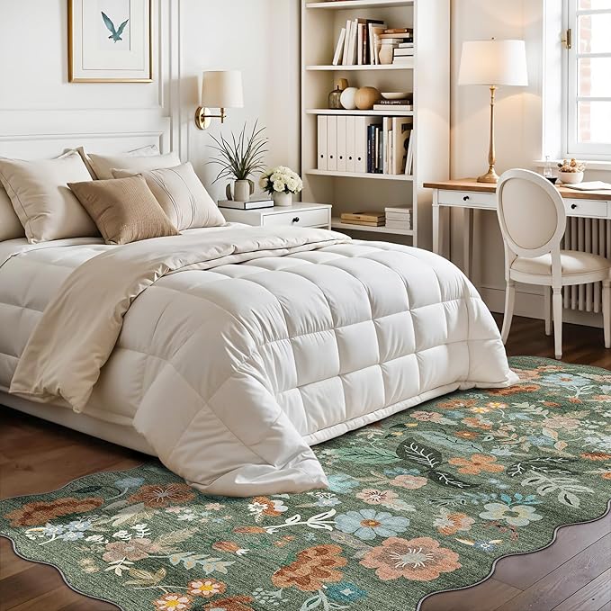 4x8 Washable Area Rug for Family: Stain Resistant Wide Floral Scalloped Kitchen