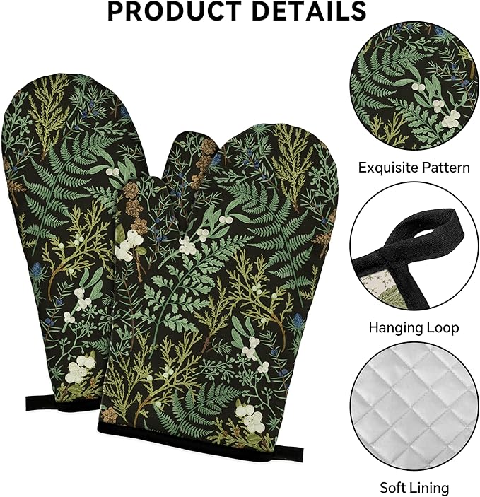 Botanical Print Floral Oven Mitts and Pot Holders Sets Black Sage Green Leaves - Image 3