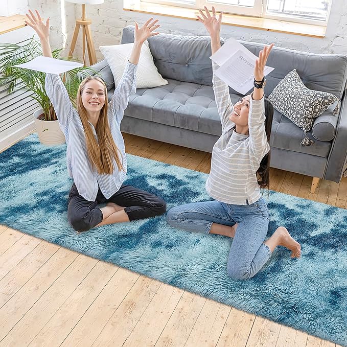 Super Soft Fluffy Living Room Area Rug 2x10 ft Tie-Dyed Light Blue Shaggy Furry - Image 2