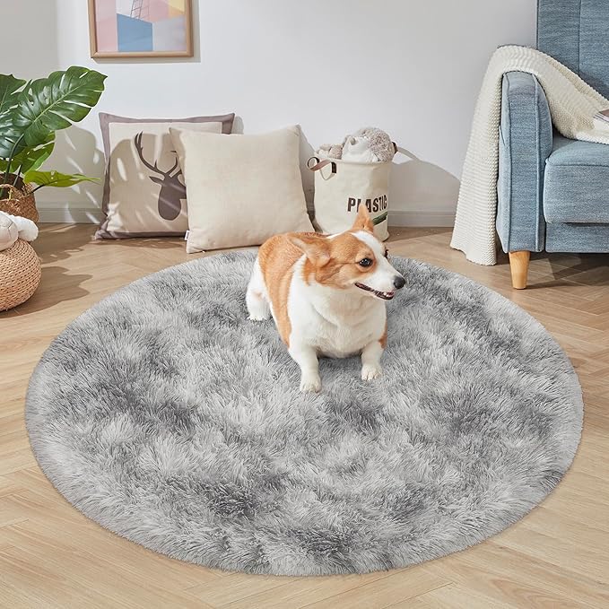 4x4 ft Tie Dye Grey Round Rug for Bedroom Room Fluffy Circle Rug Furry Carpet - Image 5