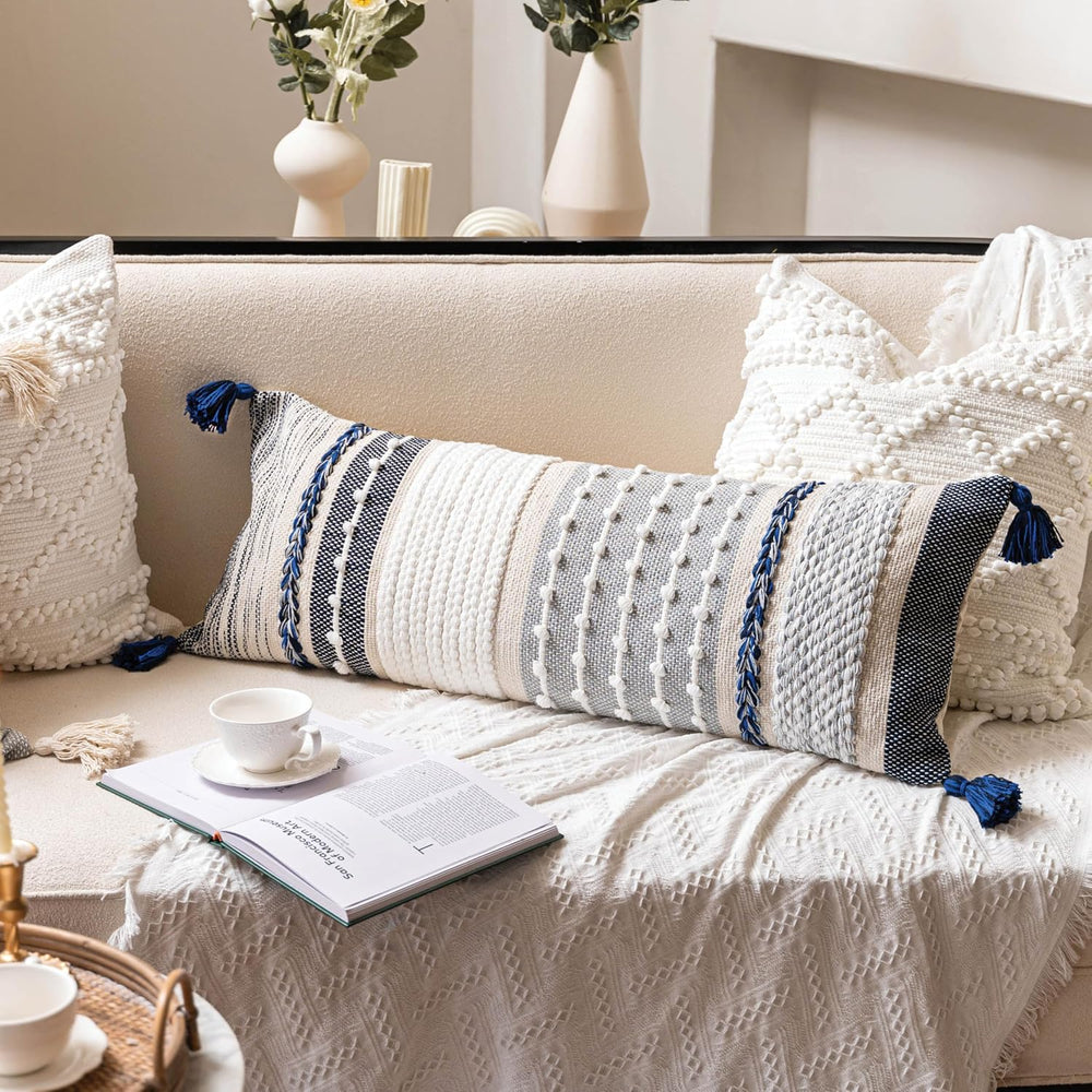 BlissBlush Navy Dark Blue Boho Decorative Lumbar Pillow Cover 14x36, Long Bod...