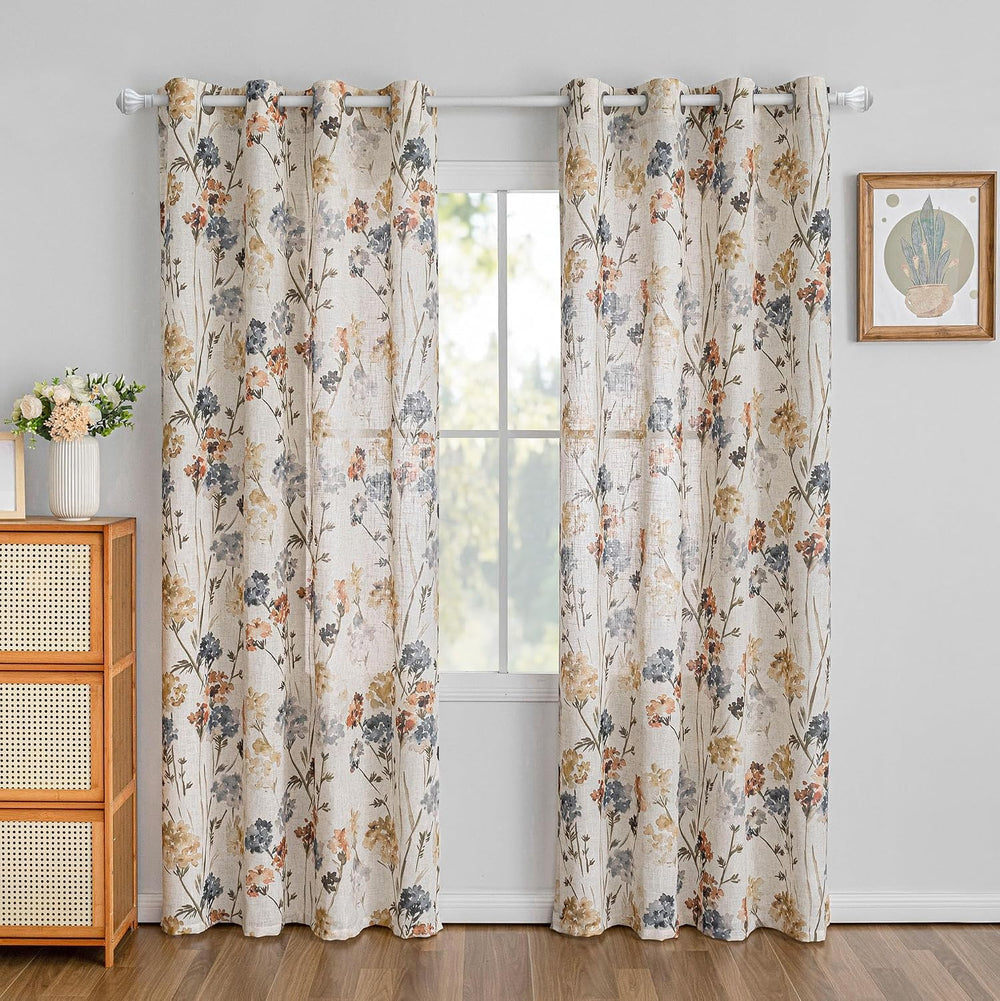MYSKY HOME Floral Linen Curtains 84 inch Length 2 Panels Set Summer Flower Pa...
